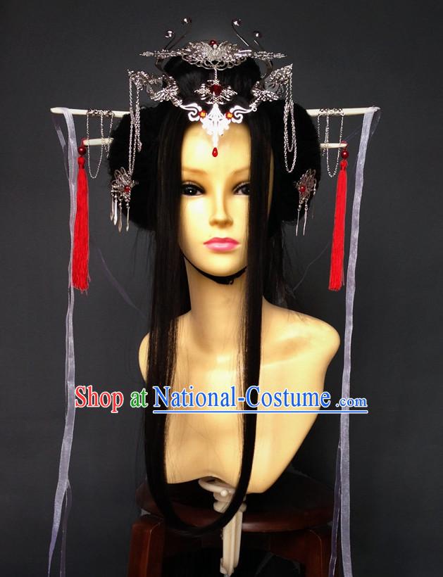 Chinese Halloween Empress Queen Princess Long Black Wigs and Hair Jewelry Set