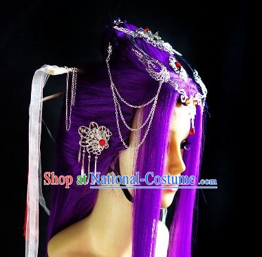 Chinese Halloween Empress Queen Princess Long Black Wigs and Hair Jewelry Set