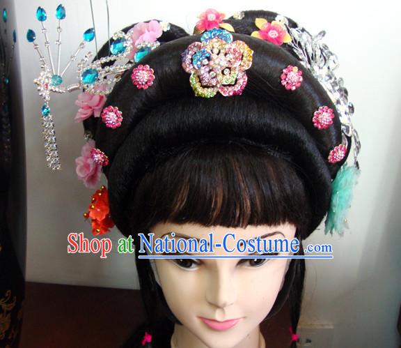 Chinese Opera Theatrical Performances Tao Hua Shan Fascinators Fascinator Wholesale Jewelry Hair Pieces and Black Long Wigs