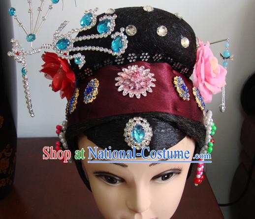 Chinese Opera Stage Theatrical Performances Rich Lady Black Long Wigs and Head Pieces