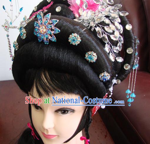 Chinese Opera Stage Theatrical Performances Hua Dan Black Long Wigs and Head Pieces