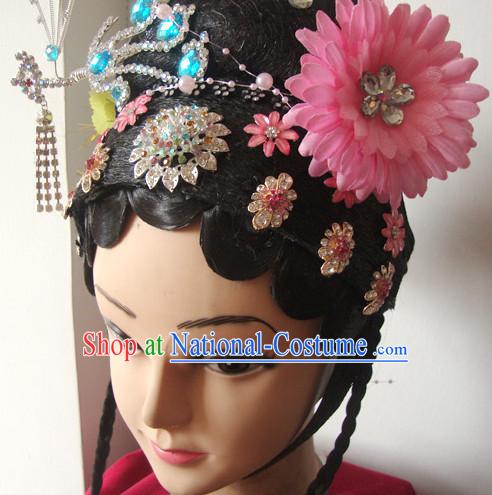 Ancient Chinese Opera Huadan Hair Pieces and Black Wig