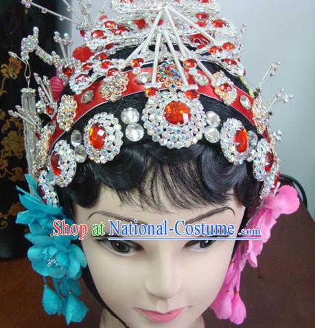 Chinese Opera Stage Theatrical Performances Hua Dan Black Long Wigs and Head Pieces Hair Jewelry Set