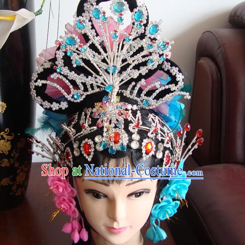 Chinese Opera Stage Theatrical Performances Ancient Queen Black Long Wigs and Hair Accessories Set