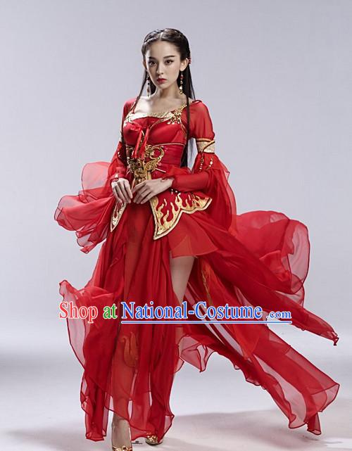 Red Asia Chinese Fairy Halloween Costume Cosplay Costumes and Hair Accessories Complete Set