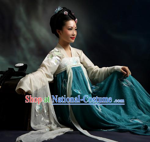 Ancient Chinese Tang Dynasty Hanfu Costumes Clothes and Hair Jewelry Complete Set for Women