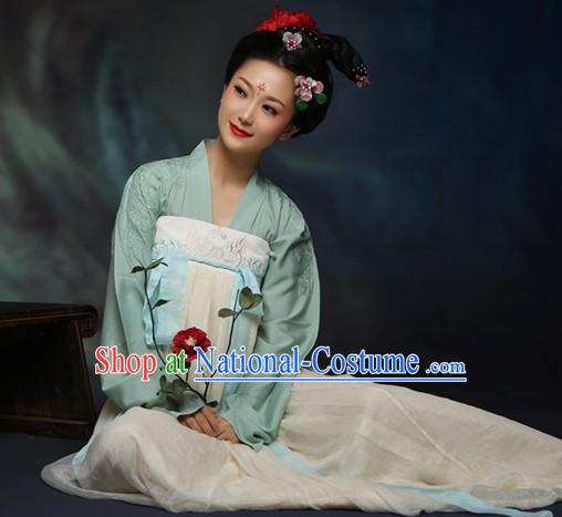 Ancient Chinese Tang Dynasty Hanfu Costumes Clothes and Hair Jewelry Complete Set for Women