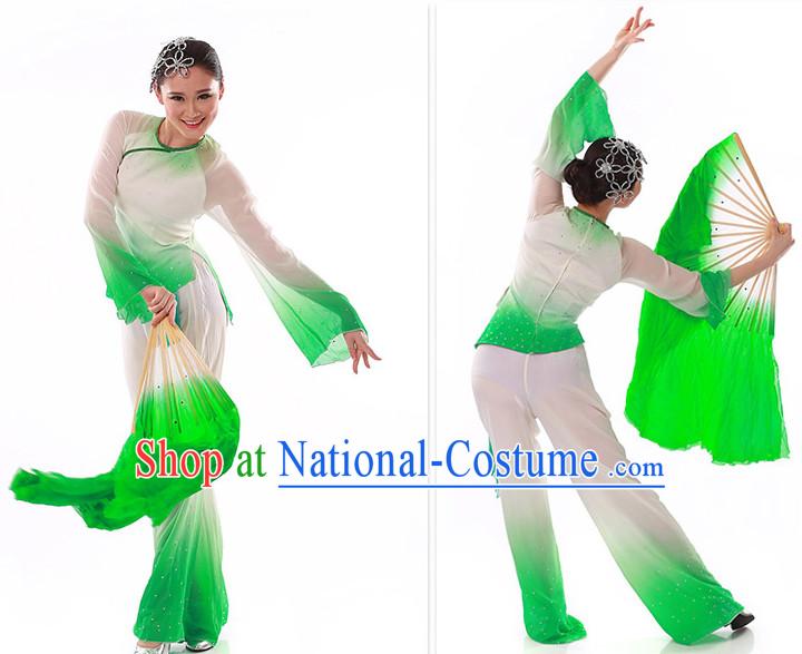 Green to White Color Transition Silk Dance Fan