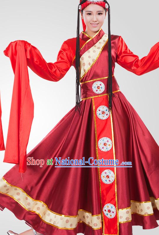 Chinese Tibetan Folk Dance Costume Wholesale Clothing Discount Dance Costumes Dancewear Supply and Headpieces for Women