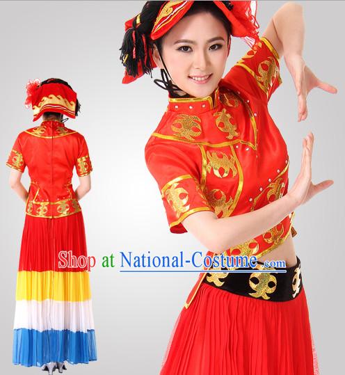 Chinese Folk Ethnic Dance Costume Wholesale Clothing Discount Dance Costumes Dancewear Supply and Headpieces for Ladies