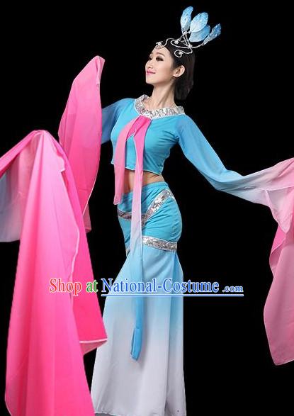 Long Sleeves Chinese Classical Dance Costumes Leotards Dance Supply Girls Clothes and Hair Accessories Complete Set