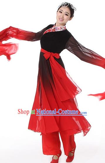 Black Red Chinese Classical Dance Costumes Leotards Dance Supply Girls Clothes and Hair Accessories Complete Set