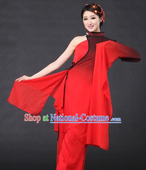 Black Red Chinese Classical Dance Costumes Leotards Dance Supply Girls Clothes and Hair Accessories Complete Set