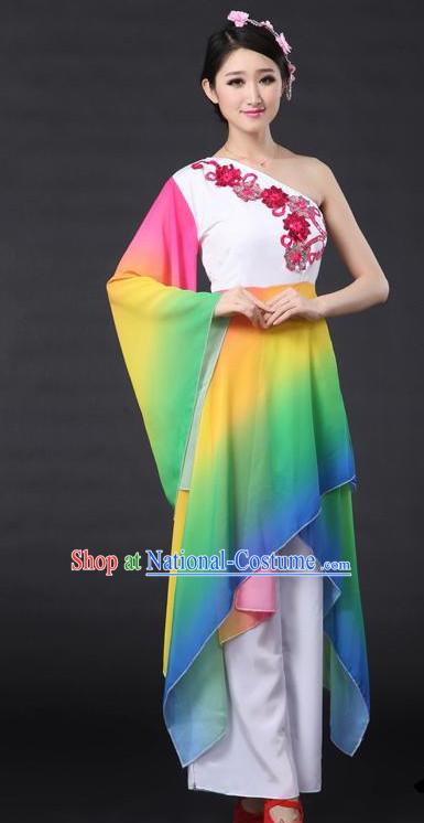 Rainbow Red Chinese Classical Dance Costumes Leotards Dance Supply Girls Clothes and Hair Accessories Complete Set