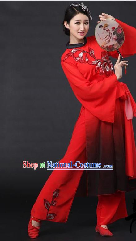 Red Chinese Classical Girls Dance Costumes Leotards Dance Supply Clothes and Hair Accessories Complete Set