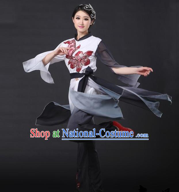 Black White Chinese Classical Girls Dance Costumes Leotards Dance Supply Clothes and Hair Accessories Complete Set