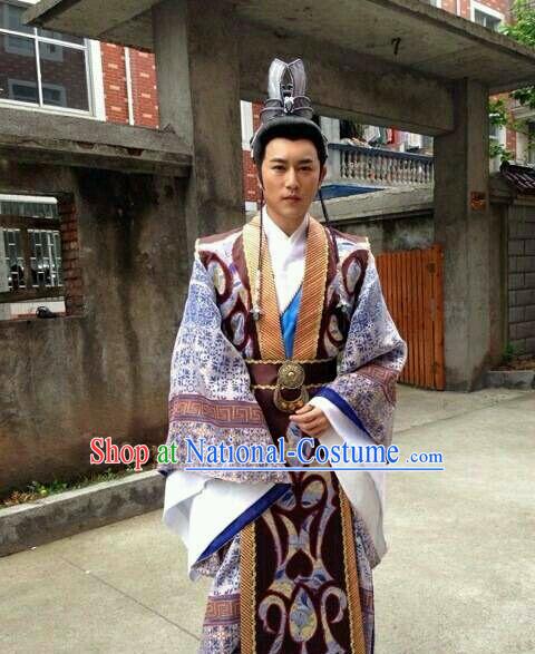 Ancient Chinese Shang Dynasty Prime Minster Costume Clothing Clothes Costume Garment Outfits and Hat Complete Set