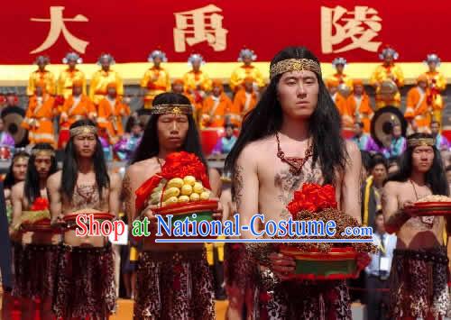 Xia Dynasty New Stone Age Costume and Headwear Complete Set for Men