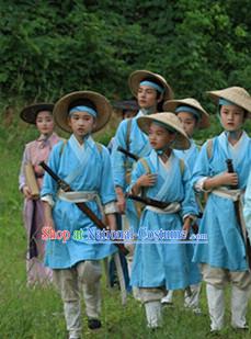 Chinese Costume Chinese Costumes National Garment Outfit Clothing Clothes Ancient Jin Dynasty Kids Suit and Bamboo Hat for Children