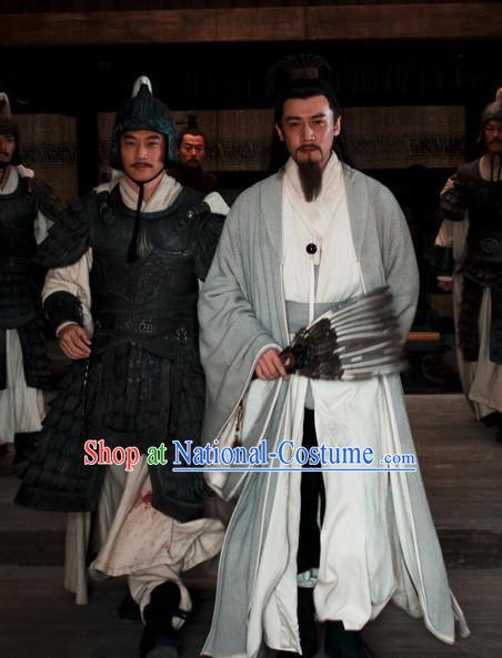 Ancient Chinese Traditional Dress Male Chinese Costume Three Kingdoms Zhuge Liang Kong Ming Costumes Garment Outfits Clothing and Fan Complete Set for Men