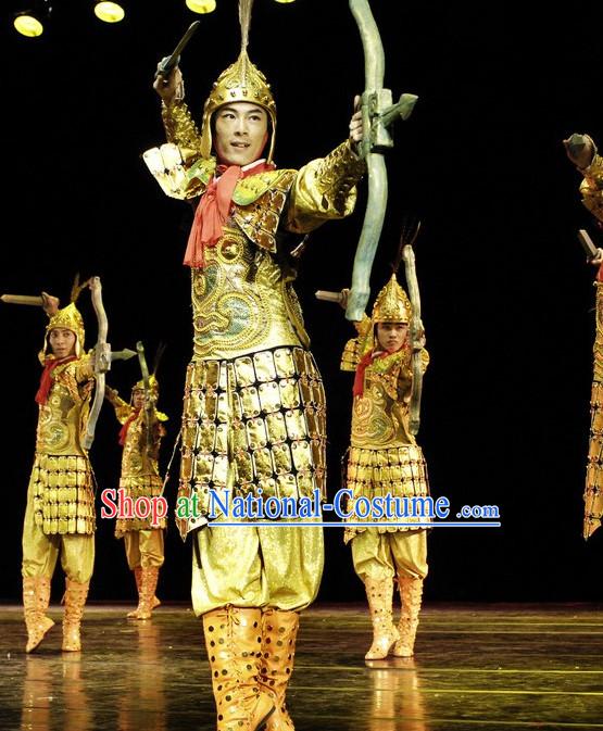 Ancient Chinese Costume Three Kingdoms Solider Dance Costume and Hat Complete Set for Men