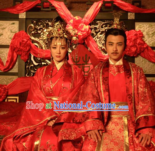 Ancient Chinese Costume Three Kingdoms Wedding Dresses and Hair Accessories Complete Set for Men Women