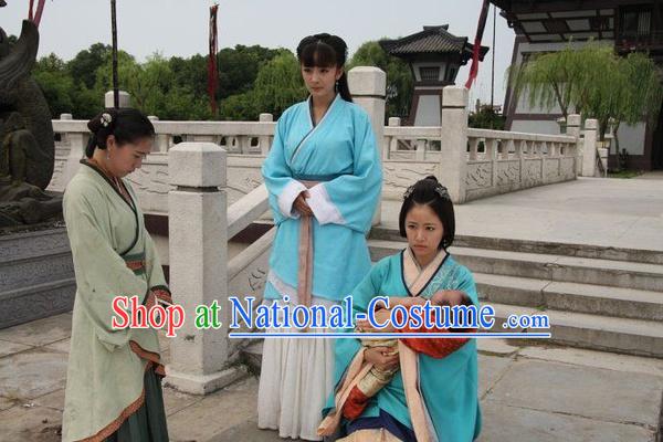 Chinese Han Dynasty Blue Clothing Costumes Dresses Clothing Clothes Garment Outfits Suits Complete Set for Women