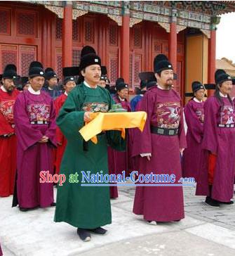 Green Ming Dynasty Official Statesman Officer Chancellor Costumes Dresses Clothing Clothes Garment Outfits Suits Complete Set for Men