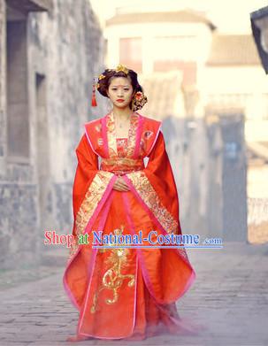 Chinese Tang Dynasty Beauty Wedding Dress Classic Costume Dresses Clothing Clothes Garment Outfits Suits and Hair Jewelry Complete Set for Women