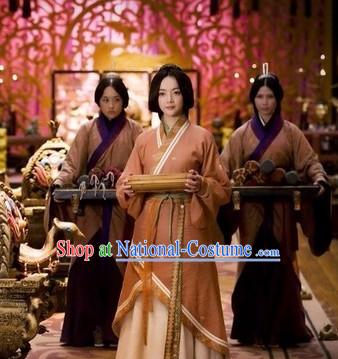 Chinese Qin Dynasty Palace Maid Costume Dresses Clothing Clothes Garment Outfits Suits and Hair Jewelry Complete Set for Women