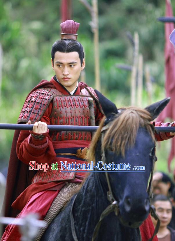 Chinese Qin Dynasty General Fighter Costume Dresses Clothing Clothes Garment Outfits Suits Complete Set for Men