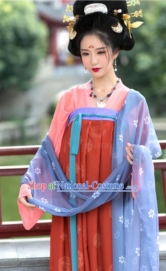 Tang Dynasty Ancient Chinese Women Clothing and Head Accessories Complete Set