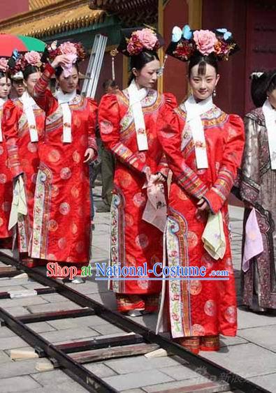 Qing Dynasty Imperial Lady Red Garment and Hair Jewelry Complete Set