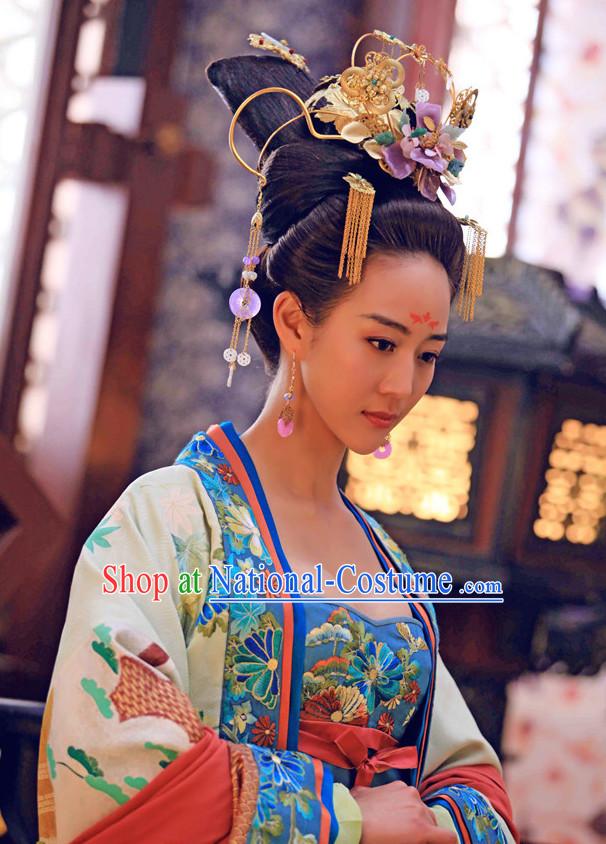 Chinese Ancient Style Tang Dynasty Imperial Wigs and Hair Jewelry Accessories Hairpins Headwear for Women