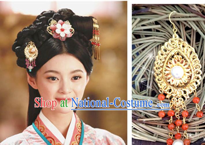 Chinese Princess Black Long Wigs and Headwear Headpieces Hair Jewelry Headdress for Women