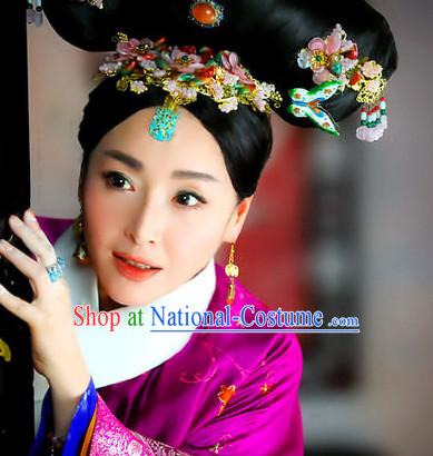 Chinese Qing Dynasty Black Long Wigs and Headwear Headpieces Hair Jewelry Headdress for Women