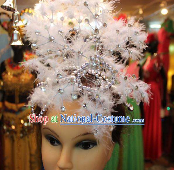 Chinese Stage Performance Classic Dance Apparel Feather Folk Dancing Headdress Headpieces Hair Accessories