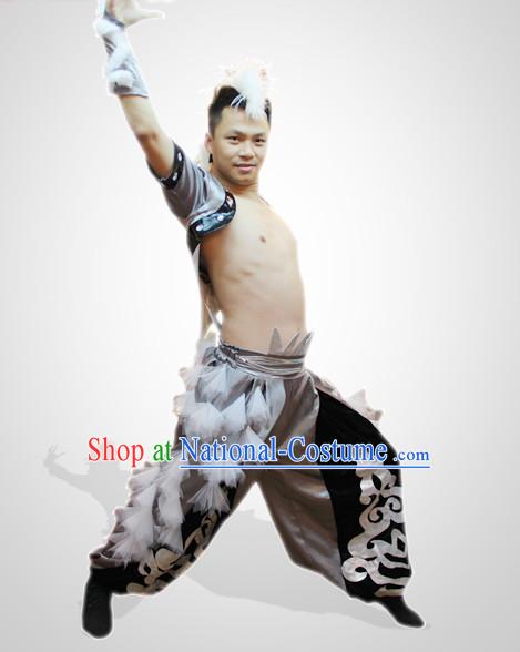 Chinese Folk Eagle Dance Costumes and Flower Headdress Props for Men