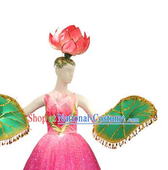 Chinese Classic Folk Lotus Dance Costumes and Headwear Complete Set for Women