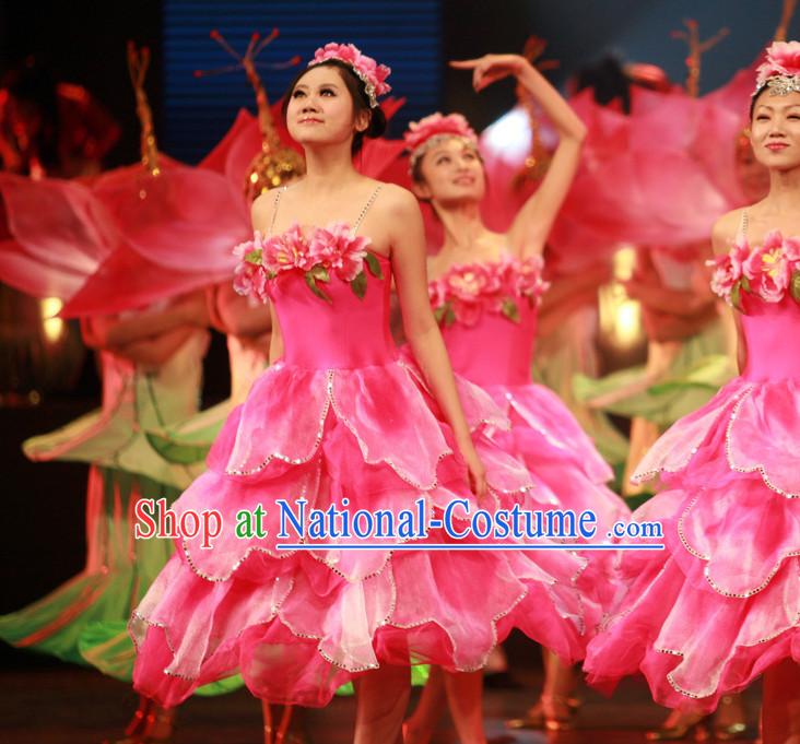 Chinese Classic Folk Flower Dance Costumes and Headwear Complete Set for Women