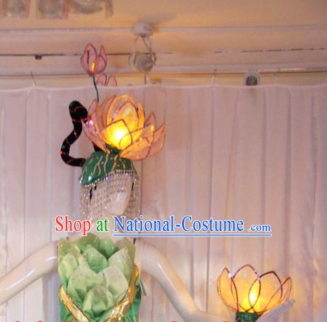 LED Lights Chinese Classic Folk Lotus Flower Dance Costumes and Headwear Complete Set for Women