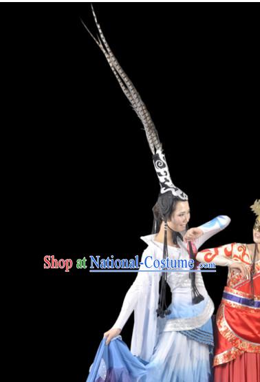 Chinese Folk Classic Dance Costumes and Long Feathers Headwear Complete Set for Women