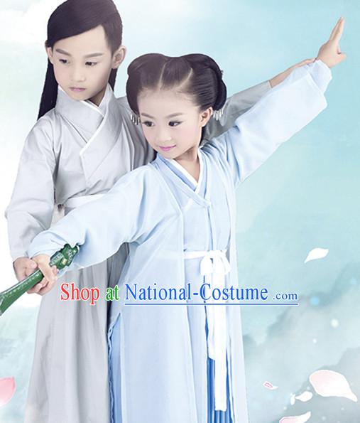 Chinese Swordsman and Swordswomen Costume Ancient China Ethnic Costumes Han Fu Dress Wear Outfits Suits Clothing for Kids