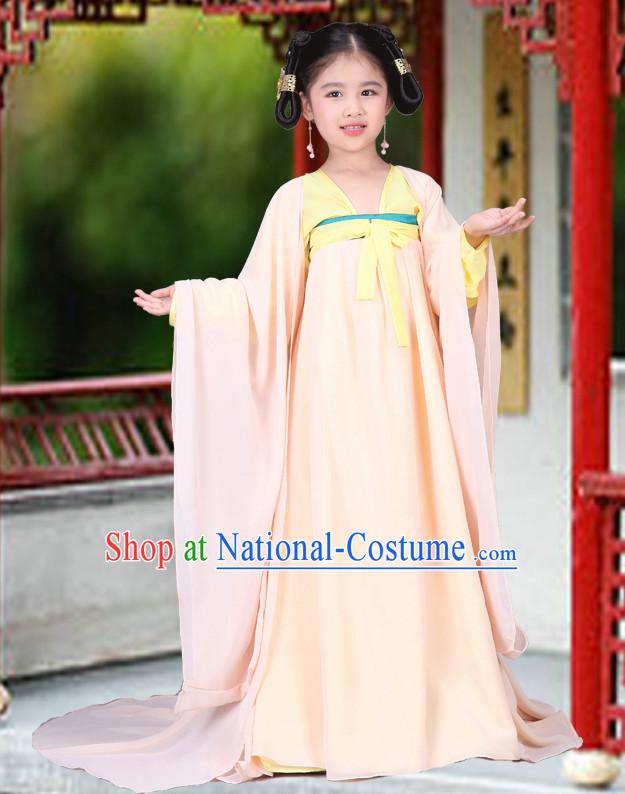 China Tang Dynasty Group Dance Costumes and Buns Wigs for Children Girls