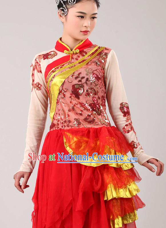 Chinese Costume Folk Chinese Group Dance Costumes Carnival Costumes Fancy Dress National Garment and Hair Accessories