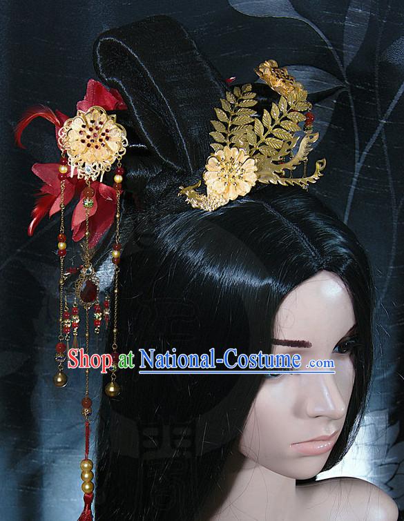 Ancient Asian Chinese Japenese Korean Queen Princess Empress Cosplay Long Wigs Classic Lace Front Toupee Hair Extensions Wig and Hair Jewelry Set