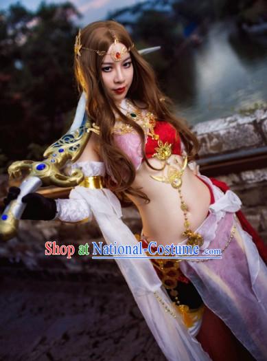 Ancient Asian Chinese Japenese Korean Sexy Dancer Cosplay Costumes Flying Angel Costume and Hair Jewelry Complete Set