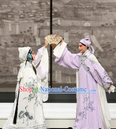 Blue Ancient Chinese Asian Peking Opera Costumes The Peach Blossom Fan Costume and Hat Complete Set for Men