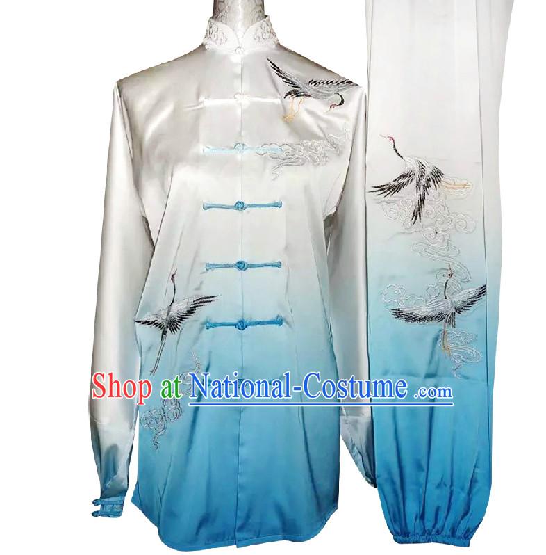 Top Color Transition Auspicious Cranes Kung Fu Martial Arts Taekwondo Karate Uniform Suppliers Clothing Dress Costumes Clothes for Adults and Kids