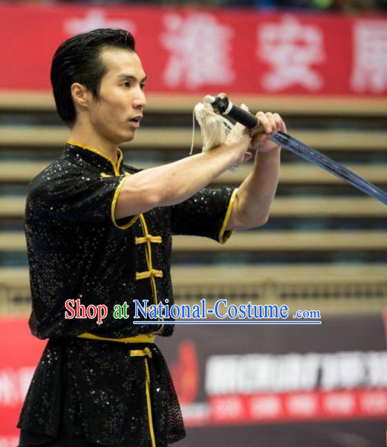 Black Tai Chi Sword Competition Outfit Taiji Swords Contest Jacket Pants Supplies Custom Dance Costumes Outfits Clothing for Men Women Kids Boys Girls